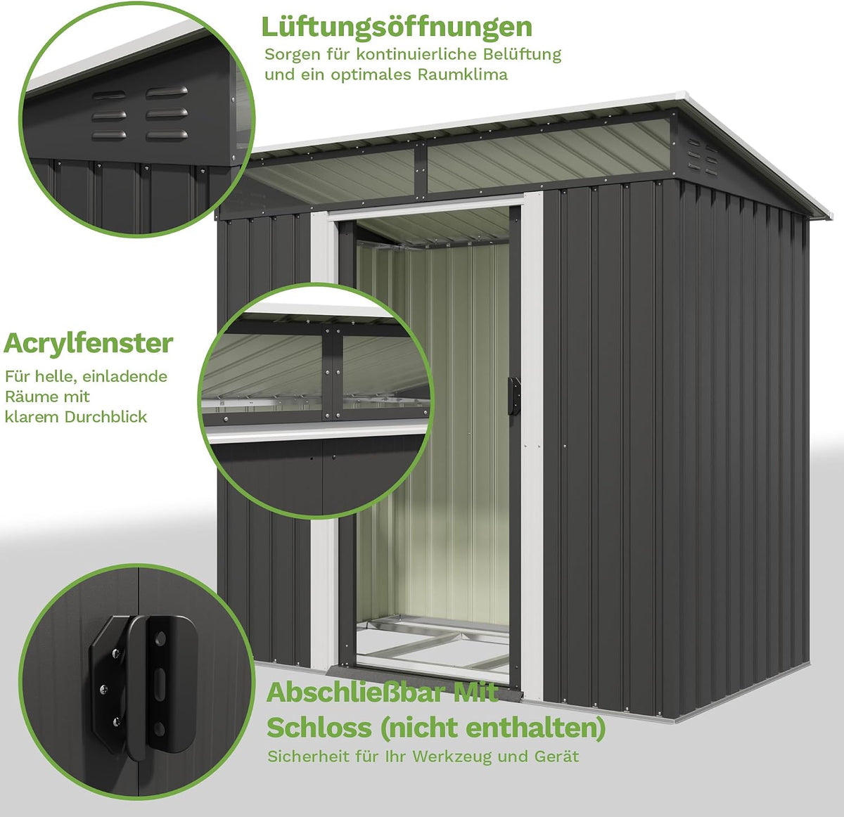 Devoko Metall Geräteschuppen 196x122x182cm mit Fundament, 4.2m³ Gerätehaus mit Oberlichte und Pultdach, Outdoor, Wetterfest, Fahrradschuppen, Gartenhaus für Terrasse, Rasen, Anthrazit