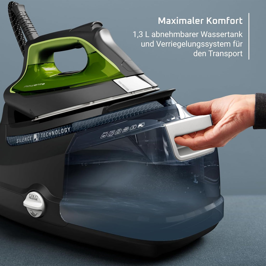 Rowenta Silence Steam Pro Dampfbügelstation, 2800 W, Dauerdampfmenge 150 g/Min, extra Dampfstoß 620 g/min, Eco-Funktion, 1300 ml abnehmbarer Wassertank, Schwarz/Grün, DG9248