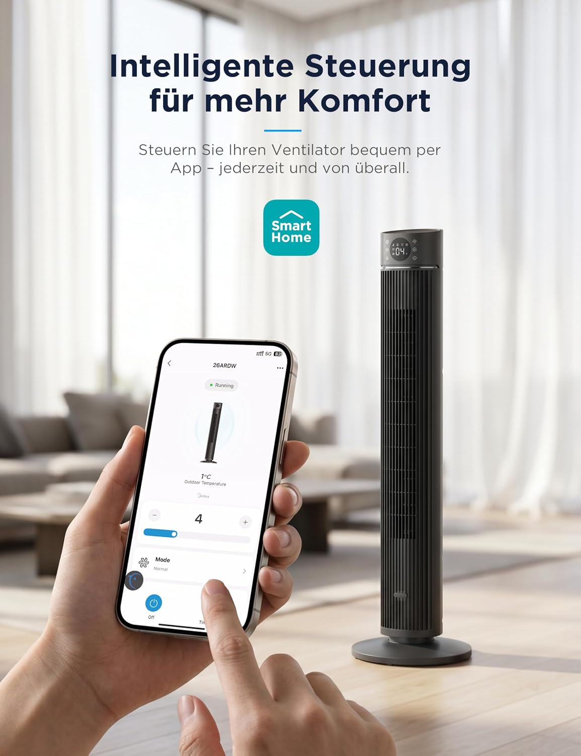 Midea Turmventilator FZ10-26ARDW, 105cm, DC-Motor, App-Steuerung | 19dB Fluesterleise, 4 Modi, 12 Stufen, 24h Timer, Alexa & Google, fuer Schlafzimmer, Wohnzimmer & Buero