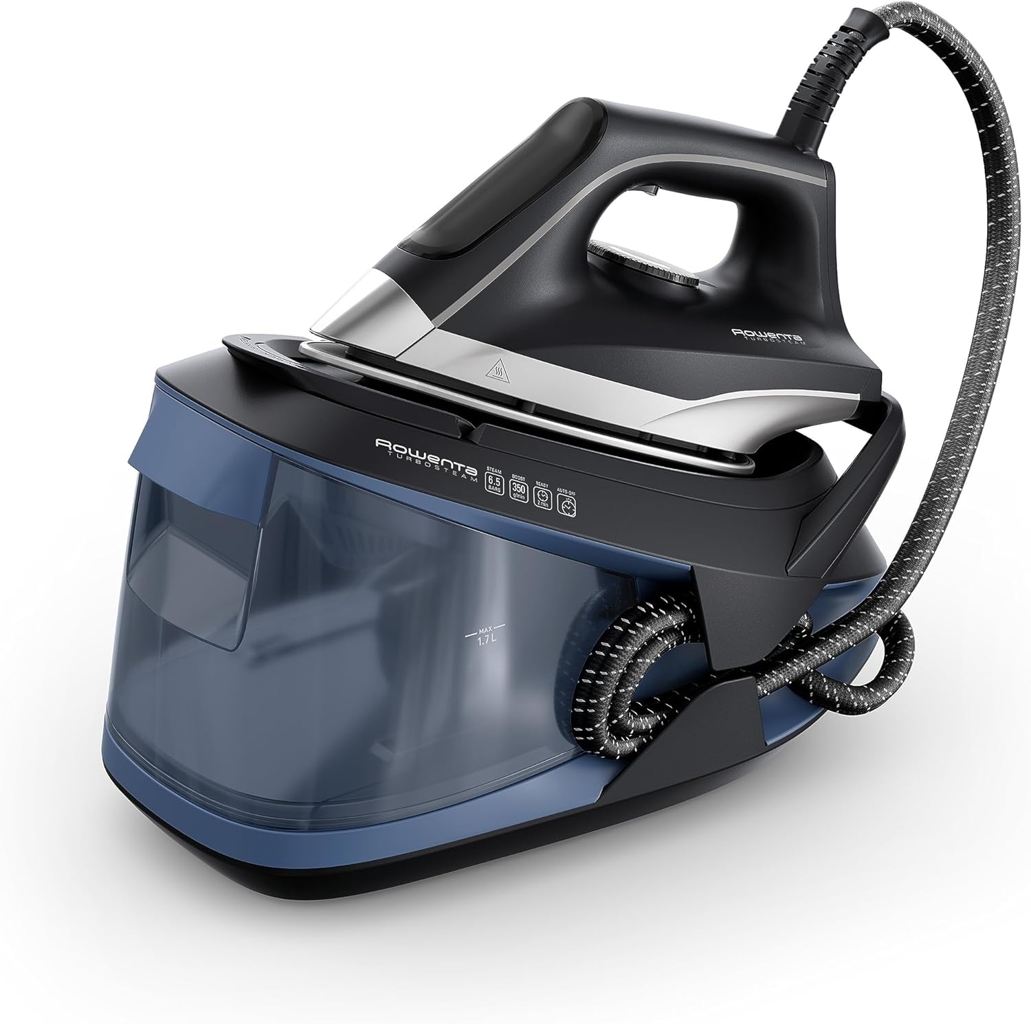 Rowenta VR8325 Turbosteam Dampfbügelstation, 2600 Watt, 120 g/Min. konstanter Dampf, 350 g/Min. extra Dampfstoß, schnellaufheizend, 1,7 L Wassertank, Antikalk-System, Eco-Modus, Schwarz/Blau