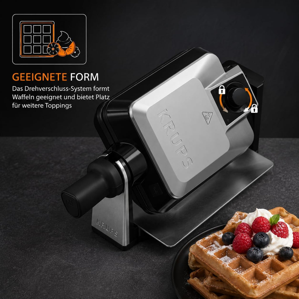 KRUPS Doppelwaffeleisen Professional, drehbares Waffeleisen für 2 belgische Waffeln, knusprig & gleichmäßig backen, 7 Bräunungsstufen und Antihaftbeschichtung, spülmaschinengeeignet, Edelstahl/Schwarz