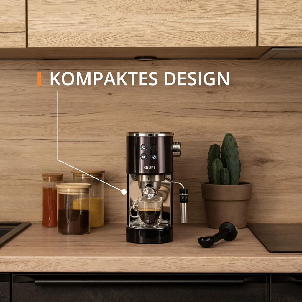Krups Virtuoso+ Espresso-Siebträgermaschine, 15 bar Pumpendruck, 3 Crema-Filter, Edelstahl-Dampfdüse, intuitives Bedienfeld, Drehregler, inkl. Dosierlöffel und Tamper, Schwarz/Edelstahl, XP444G
