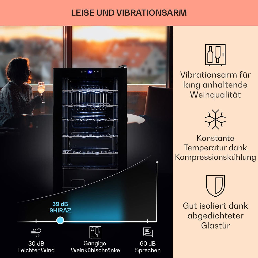 Klarstein Shiraz Wine Refrigerator Black - 28 Bottles, 74 L, 1 Zone | Beverage Fridge with Glass Door, Freestanding, Quiet, 5-18°C, LED, Stainless Steel Frame, Slim