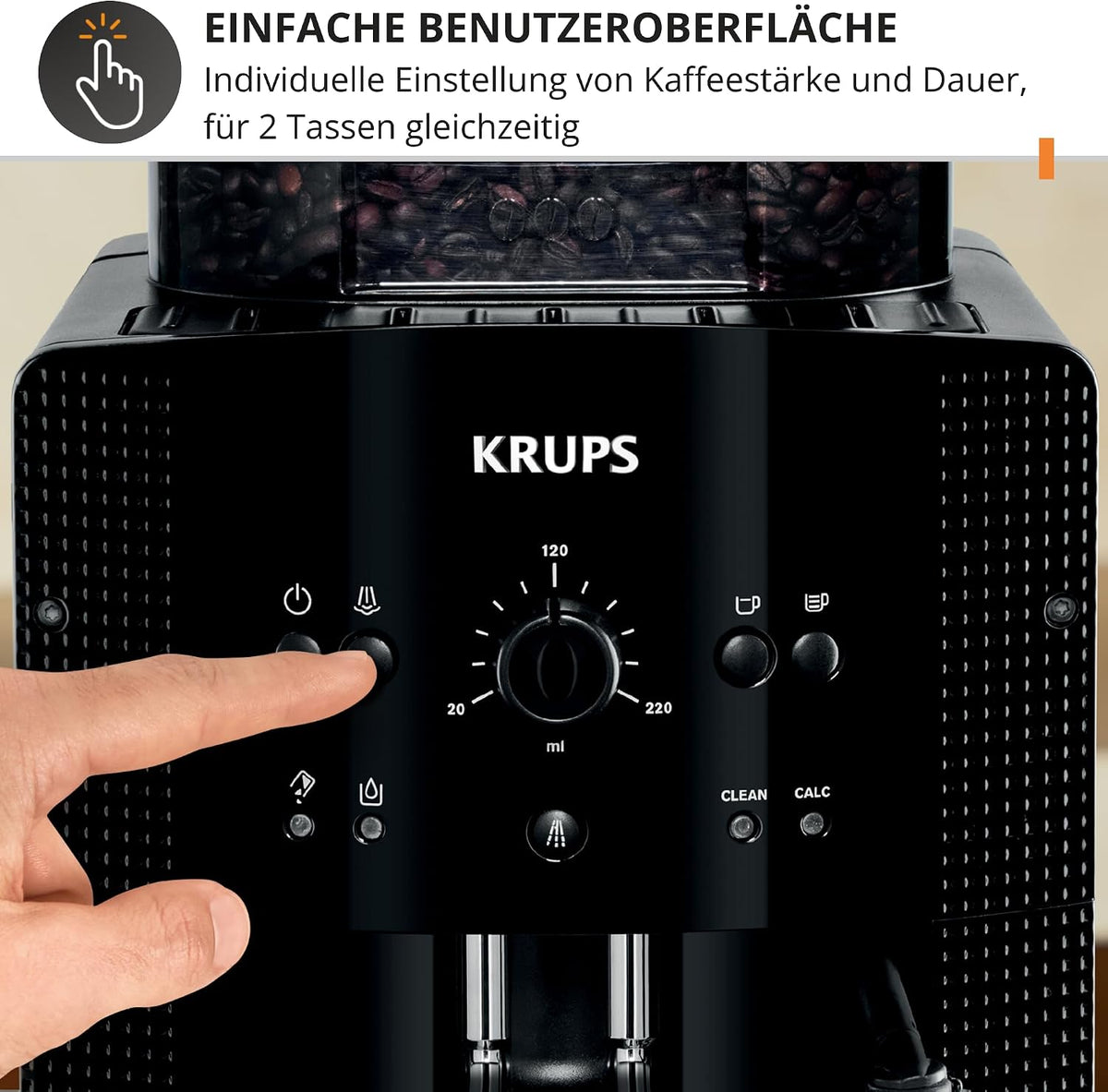 KRUPS Arabica Picto Kaffeevollautomat, kompaktes Design, einfache Bedienung, intuitiv einstellbarer Drehregler, Milchschaumdüse, 2-Tassen-Funktion, Kaffeemaschine, Schwarz, EA810870