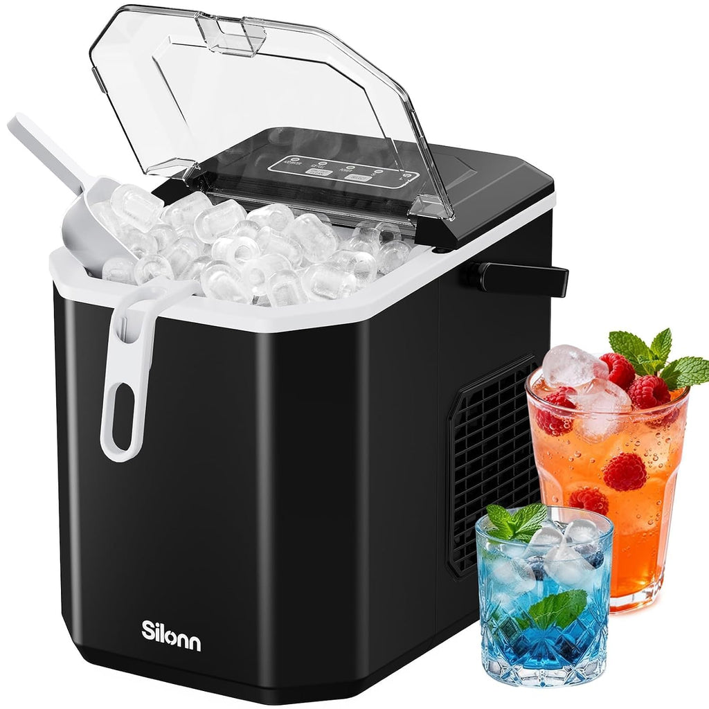 Silonn Ice Cube Machine with Handle Ice Cube Basket - Portable & Self-Cleaning, Mini Ice Maker 9 Ice Cubes / 6 Minutes 12 kg/day, Easy to Remove Ice Cubes and Use Anywhere