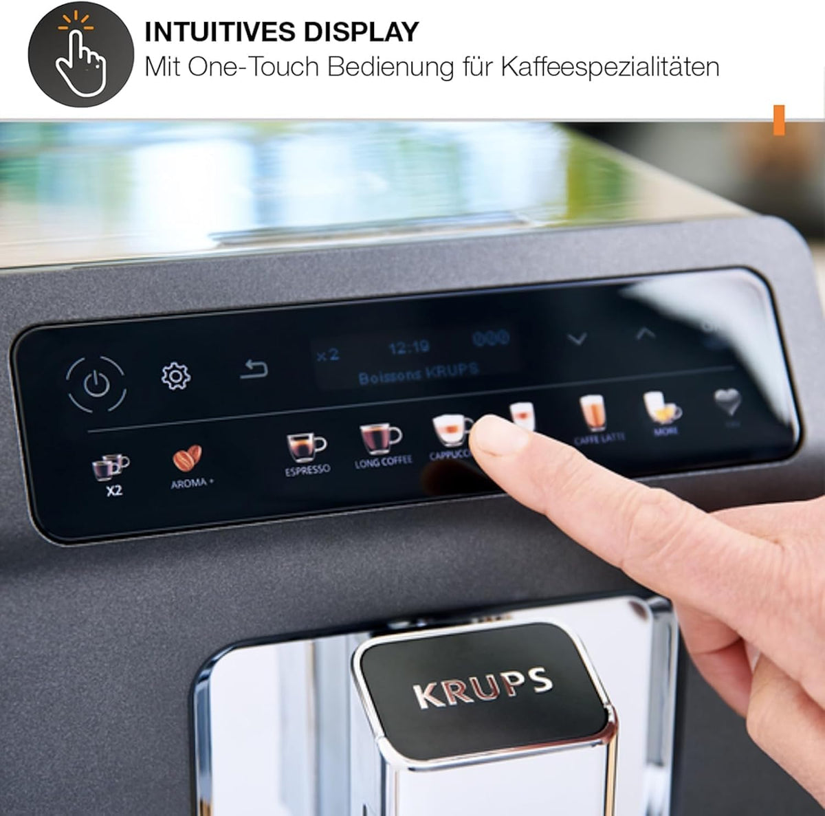 KRUPS Evidence One Kaffeevollautomat mit Milchschlauch, One-Touch-Cappuccino, 12 Getränkespezialitäten, 2-Tassen-Funktion, Farbdisplay, Kaffeemaschine, TÜV-Siegel, Schwarz, EA895N10