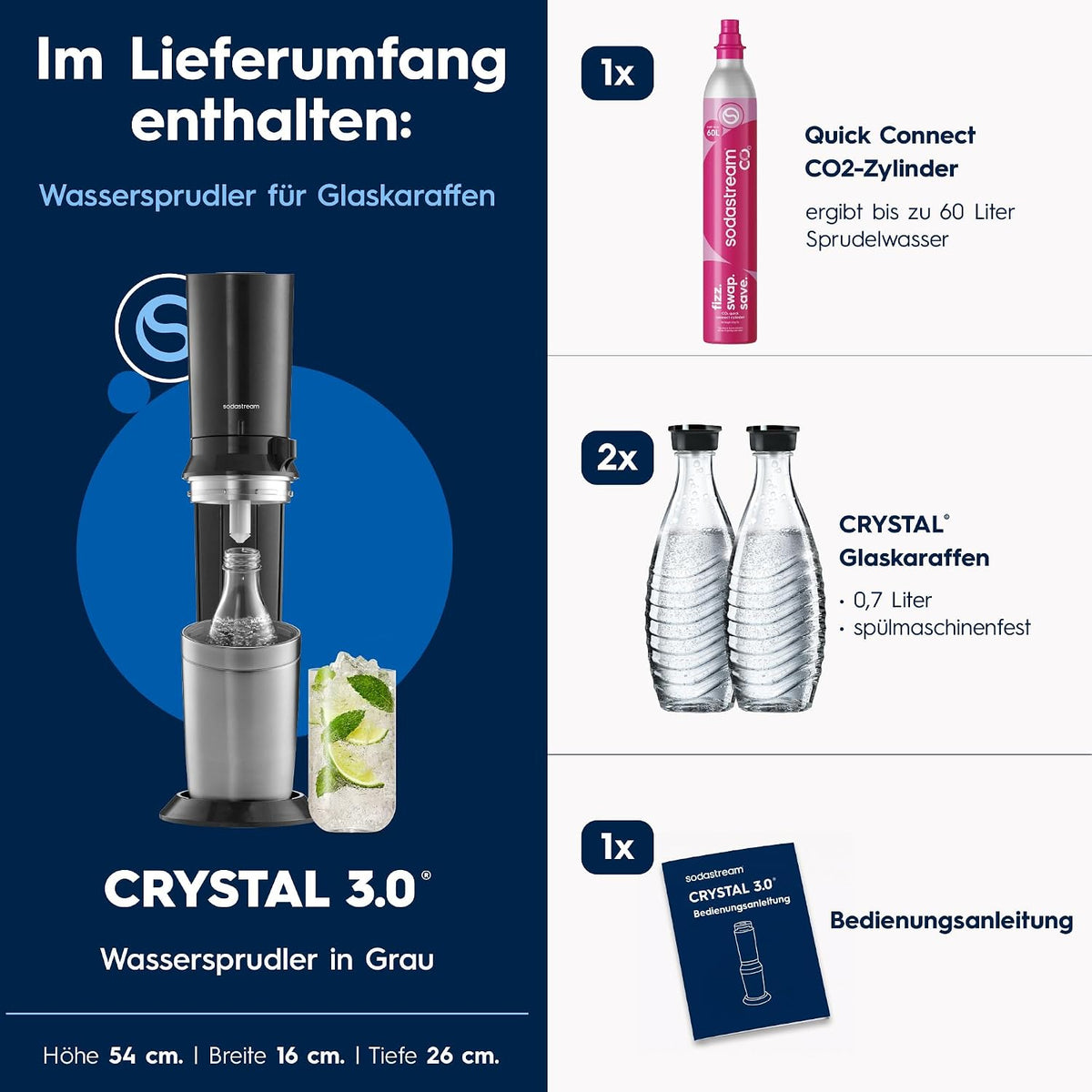 SodaStream CRYSTAL 3.0 Wassersprudler - 2x 0,7L Glaskaraffe & CO2-Zylinder