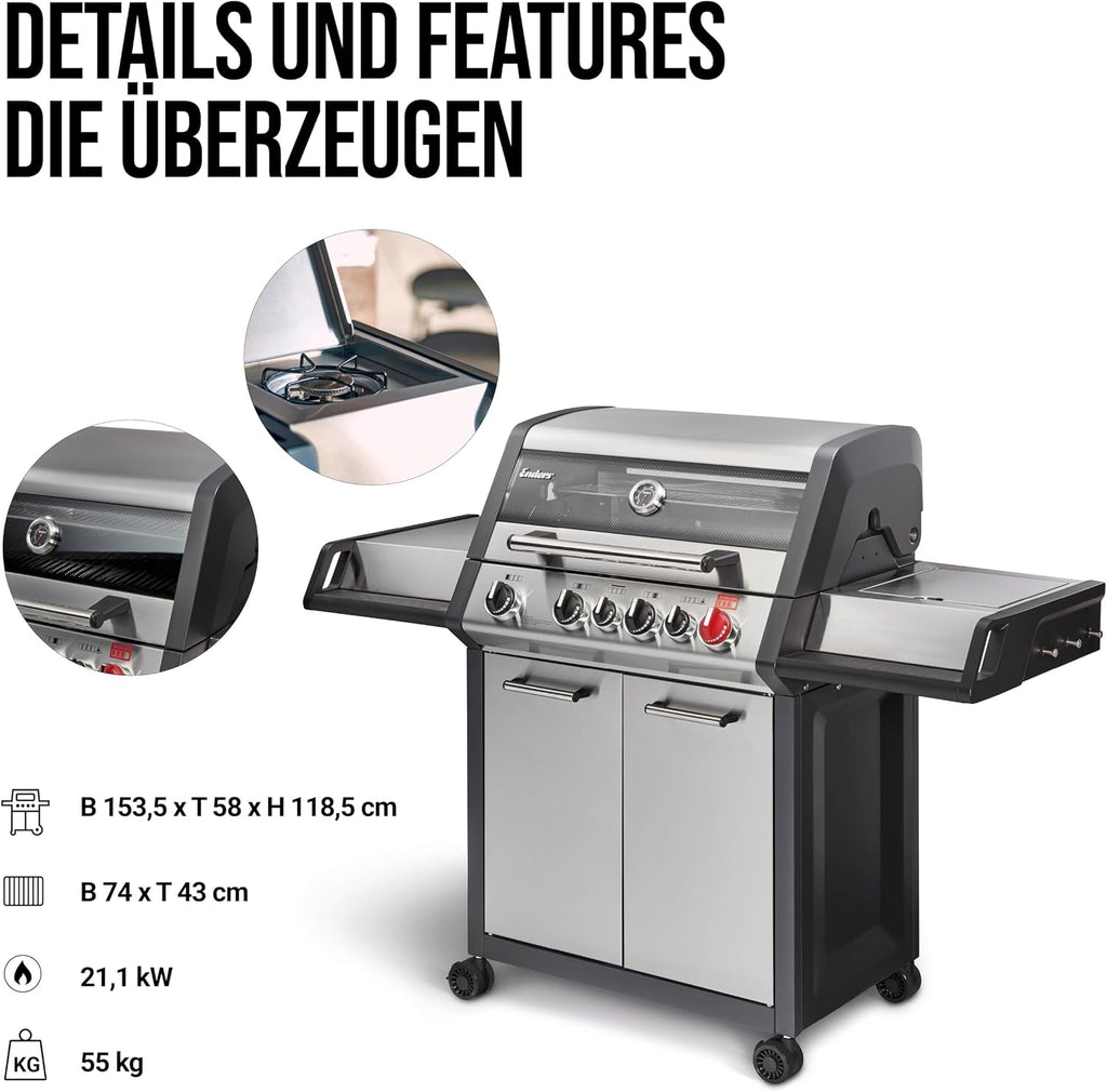 Enders Monroe Pro 4 SIK Turbo 8378 Gasgrill, 4 Brenner, 3182 cm², 800°C Turbo Zone, Silber