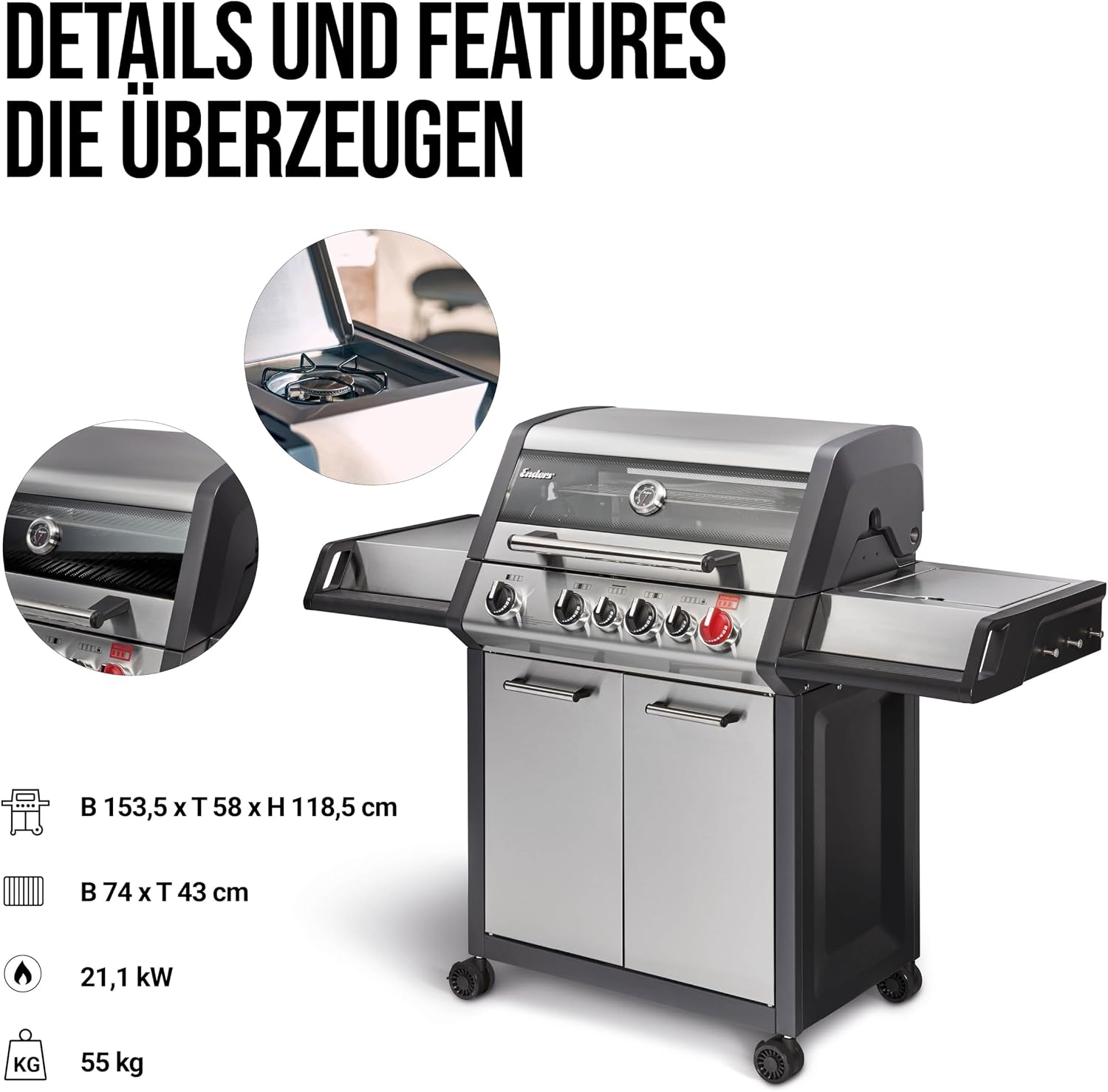 Enders Monroe Pro 4 SIK Turbo 8378 Gasgrill, 4 Brenner, 3182 cm², 800°C Turbo Zone, Silber