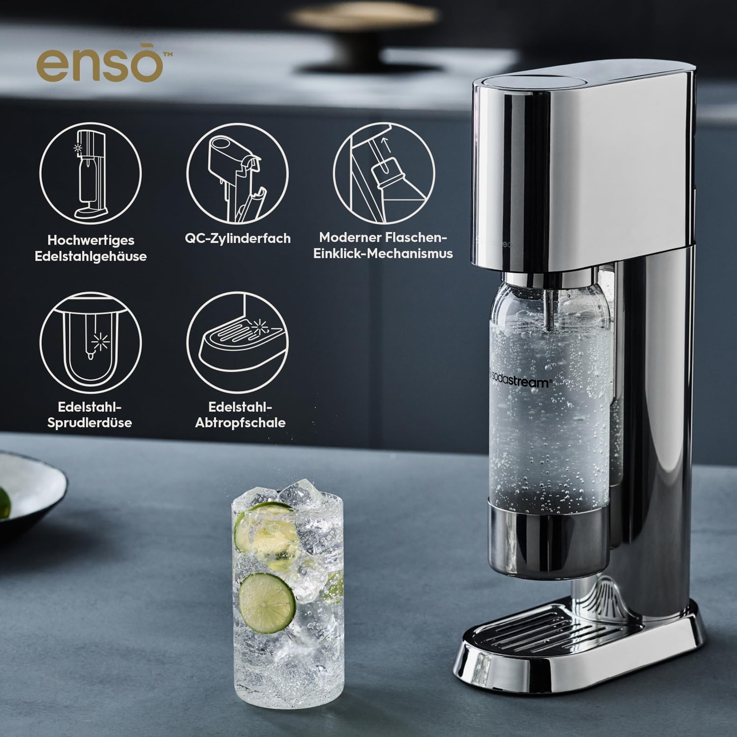 SodaStream® enso™ Premium Wassersprudler aus Edelstahl | inkl. 1 L BPA-FREIE KUNSTSTOFFFLASCHE (spülmaschinengeeignet) + Reinigungstuch + SodaStream Quick Connect Reservezylinder