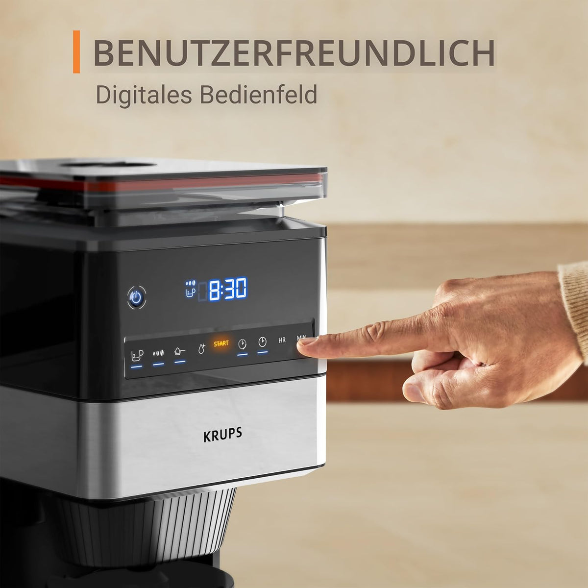 KRUPS Grind Aroma XL Filterkaffeemaschine, abnehmbares Kegelmahlwerk, digitales Bedienfeld, XL-Fassungsvermögen (1,5 L), Warmhaltefunktion, Glaskanne, Schwarz/Edelstahl, KM842810