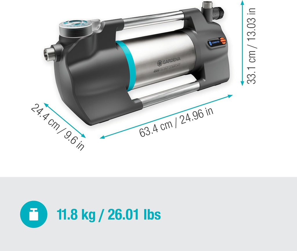 Gardena Gartenpumpe 6500 SilentComfort: Extra leise Bewässerungspumpe via App steuerbar, Fördermenge 6500 l/h, Trockenlaufsicherung, rostfreier Edelstahl, stromsparend und wasserfest (9059-20)