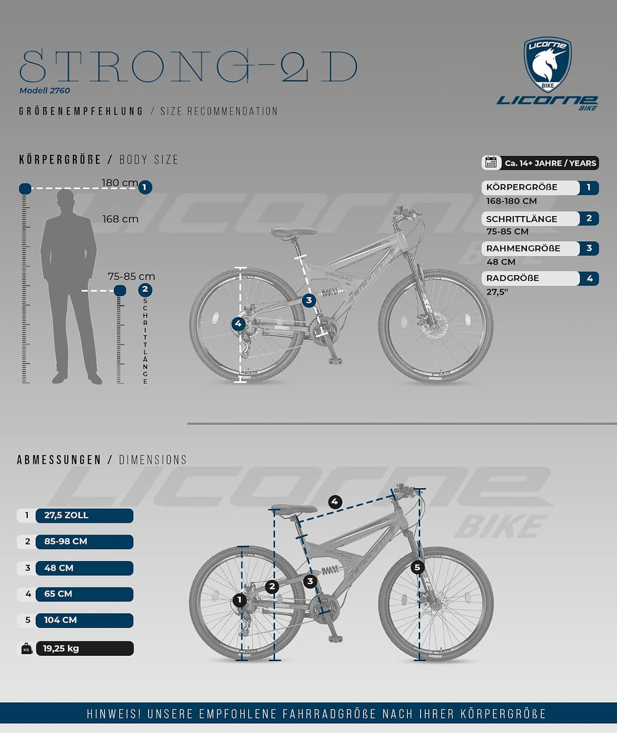 Licorne Bike Strong 2D Premium Mountainbike in 26, 27.5 und 29 Zoll Fahrrad für Jungen Mädchen Damen und Herren Scheibenbremse vorne und hinten 21 Gang Schaltung Vollfederung