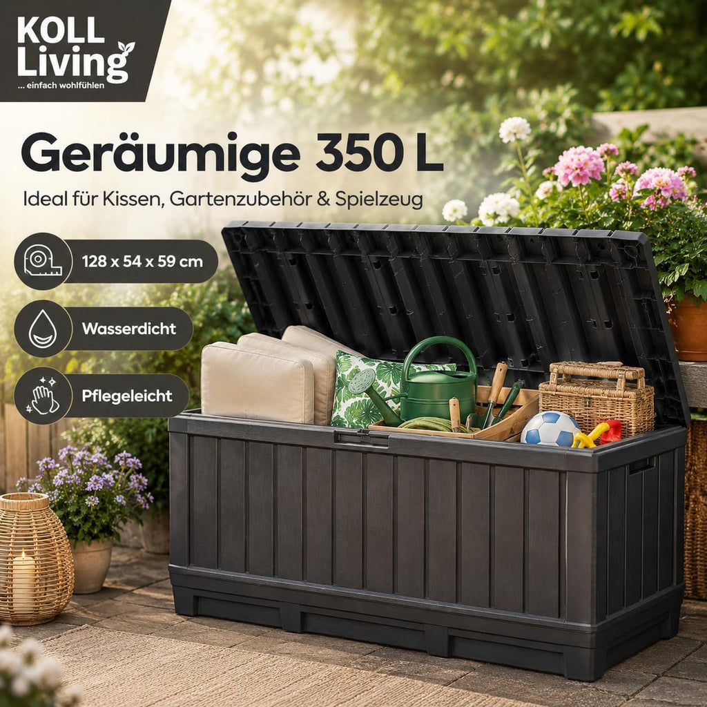 Koll Living Gartenbox Kentwood 350 Liter Stauraum anthrazit - kompakte Aufbewahrungsbox mit viel Platz für Sitzauflagen, Gartengeräte oder Kinderspielzeug - hält den Inhalt trocken & gut belüftet
