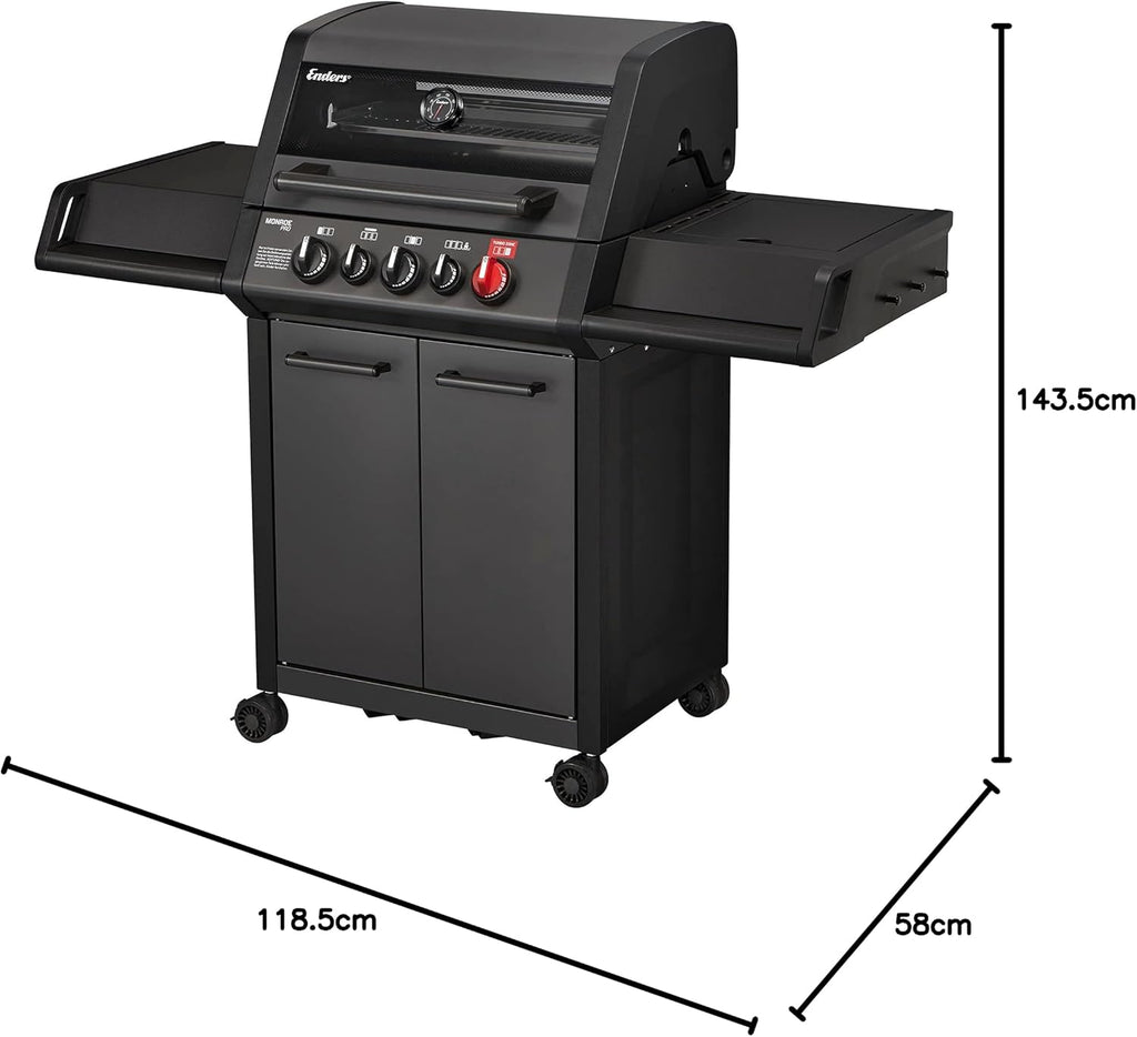 Enders® Gasgrill MONROE PRO 3 SIK TURBO SHADOW, 3-Edelstahlbrenner, Seitenkocher, Infrarot-Backburner, Sichtfenster, HEAT RANGE™, SWITCH GRID™, 800 °C TURBO ZONE™, SIMPLE CLEAN™, #8381