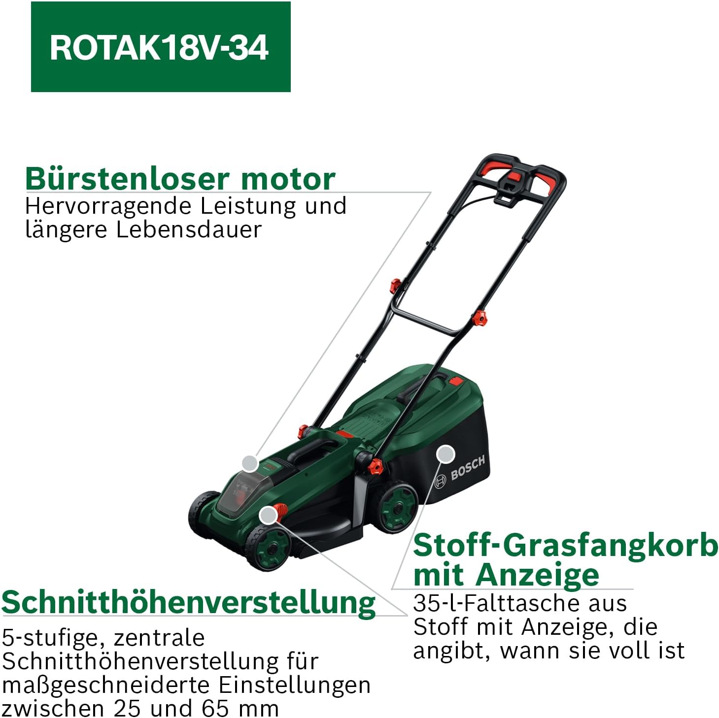 Bosch Akku-Rasenmäher ROTAK18V-34 (Schnittbreite: 34 cm, Schnitthöhe: 25-65 mm, 35 l Stoff-Grasfangkorb, Mulchstopfen, inkl. Akku und Ladegerät)