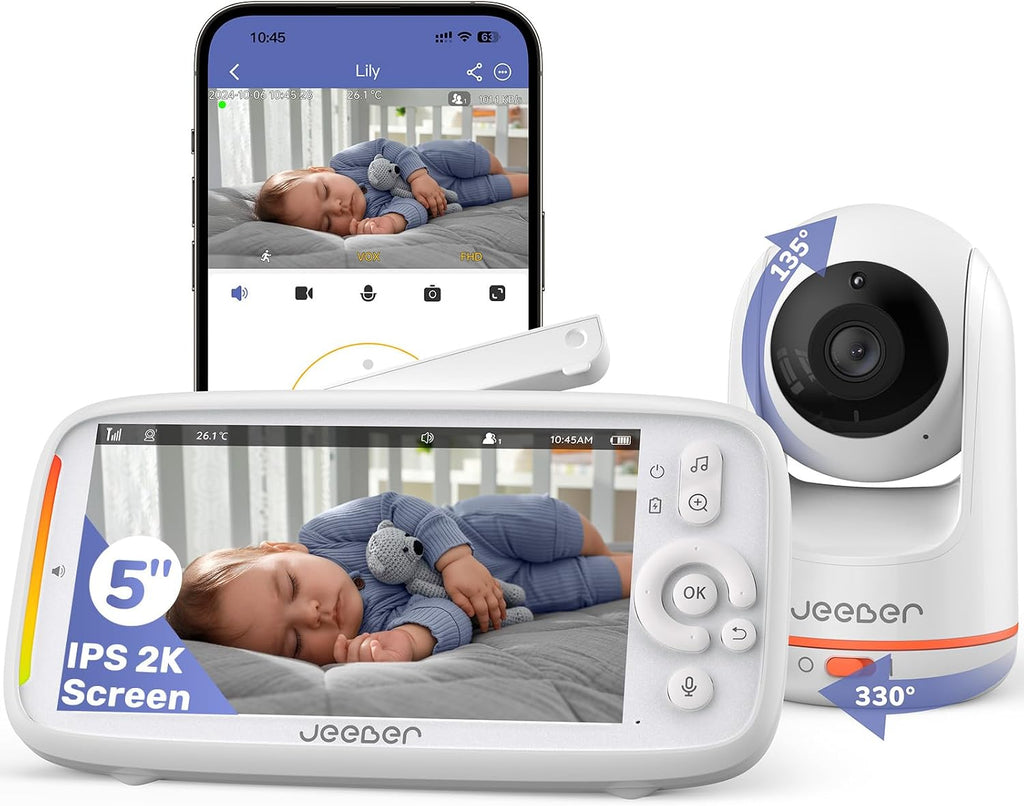 2K/3MP WiFi Baby Monitor with Camera App, 5 Inch IPS Baby Monitor, 360°