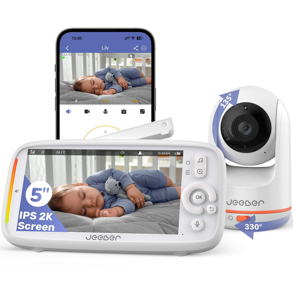 2K/3MP WiFi Baby Monitor with Camera App, 5 Inch IPS Baby Monitor, 360°