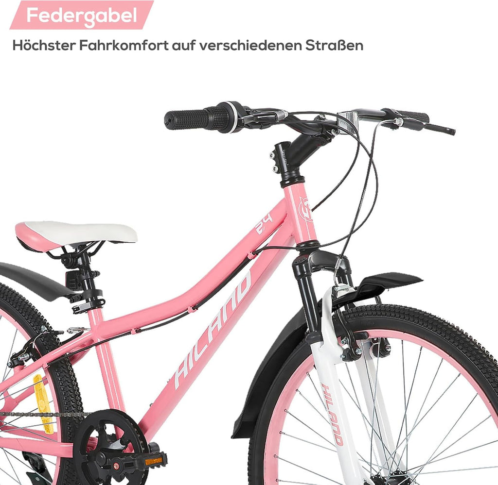 HILAND Climber 24 Zoll Kinderfahrrad, Kinder Mountainbike für Jungen Mädchen mit Federgabel 7 Gang, Kinder MTB mit V-Bremsen, Schwarz/Blau/Mintgrün/Rosa