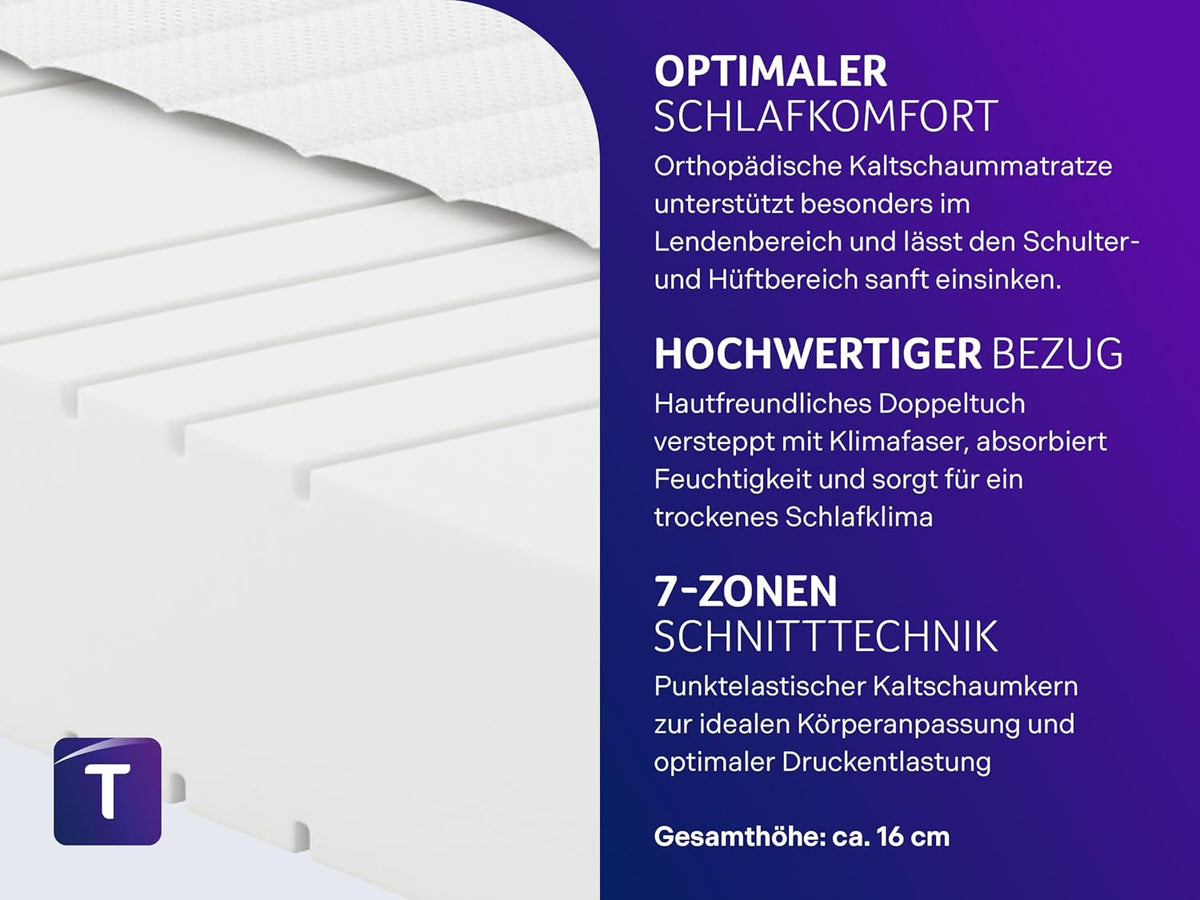 Traumnacht orthopädische Kaltschaummatratze 140x200 cm | H3 mittelfest | Ergonomisch | 7-Zonen | Öko-Tex | 16 cm | Hypoallergen | Bezug waschbar | deutscher Qualitätsstandard