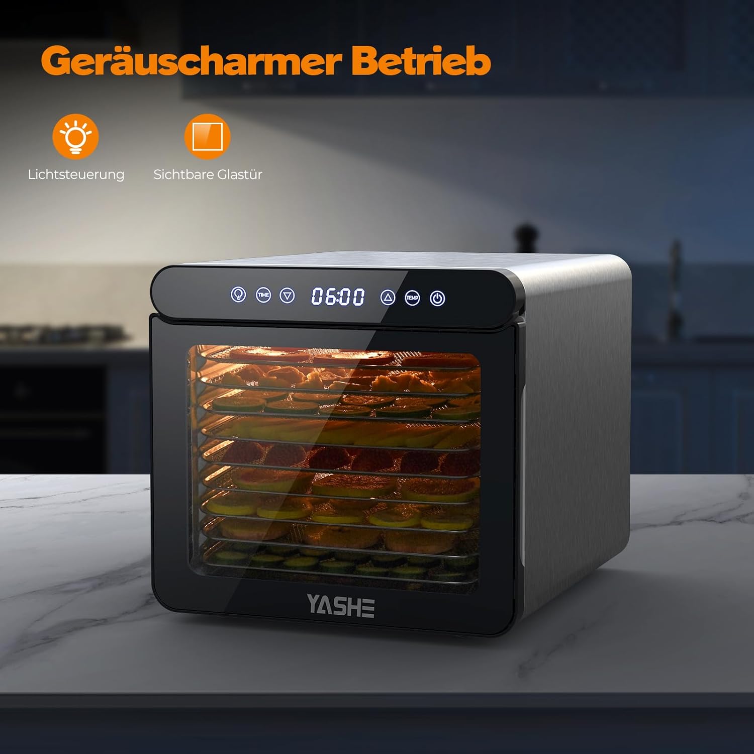 YASHE Stainless Steel Dehydrator with Digital Control (Temperature up to 75°C, Timer up to 48 Hours), 9 Trays Dehydrator for Fruit and Vegetables, Rear Fan for 360° Air Circulation, 800 Wo