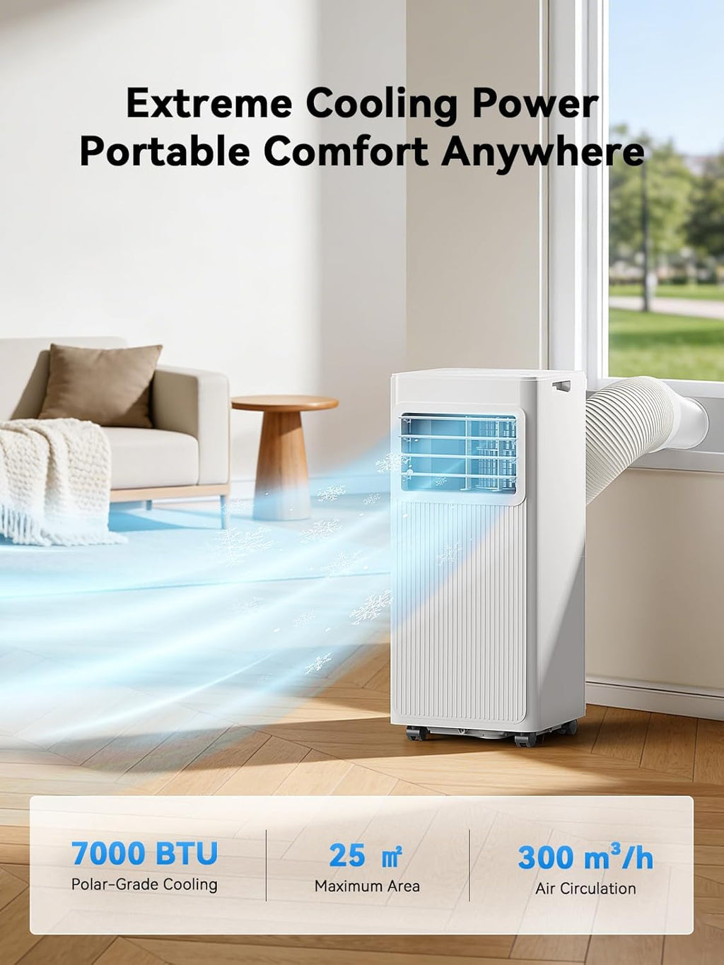 7000 BTU Portable Air Conditioner, 4-in-1 Air Conditioning Unit with Dehumidifier, Fan & Sleep Mode, Quiet 24H Timer, Cools up to 28 m² (300 sq.ft) for Bedroom Office Bright White [Energy Class A]