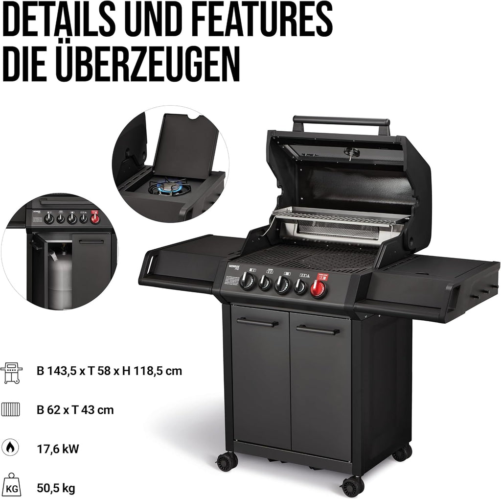 Enders® Gasgrill MONROE PRO 3 SIK TURBO SHADOW, 3-Edelstahlbrenner, Seitenkocher, Infrarot-Backburner, Sichtfenster, HEAT RANGE™, SWITCH GRID™, 800 °C TURBO ZONE™, SIMPLE CLEAN™, #8381