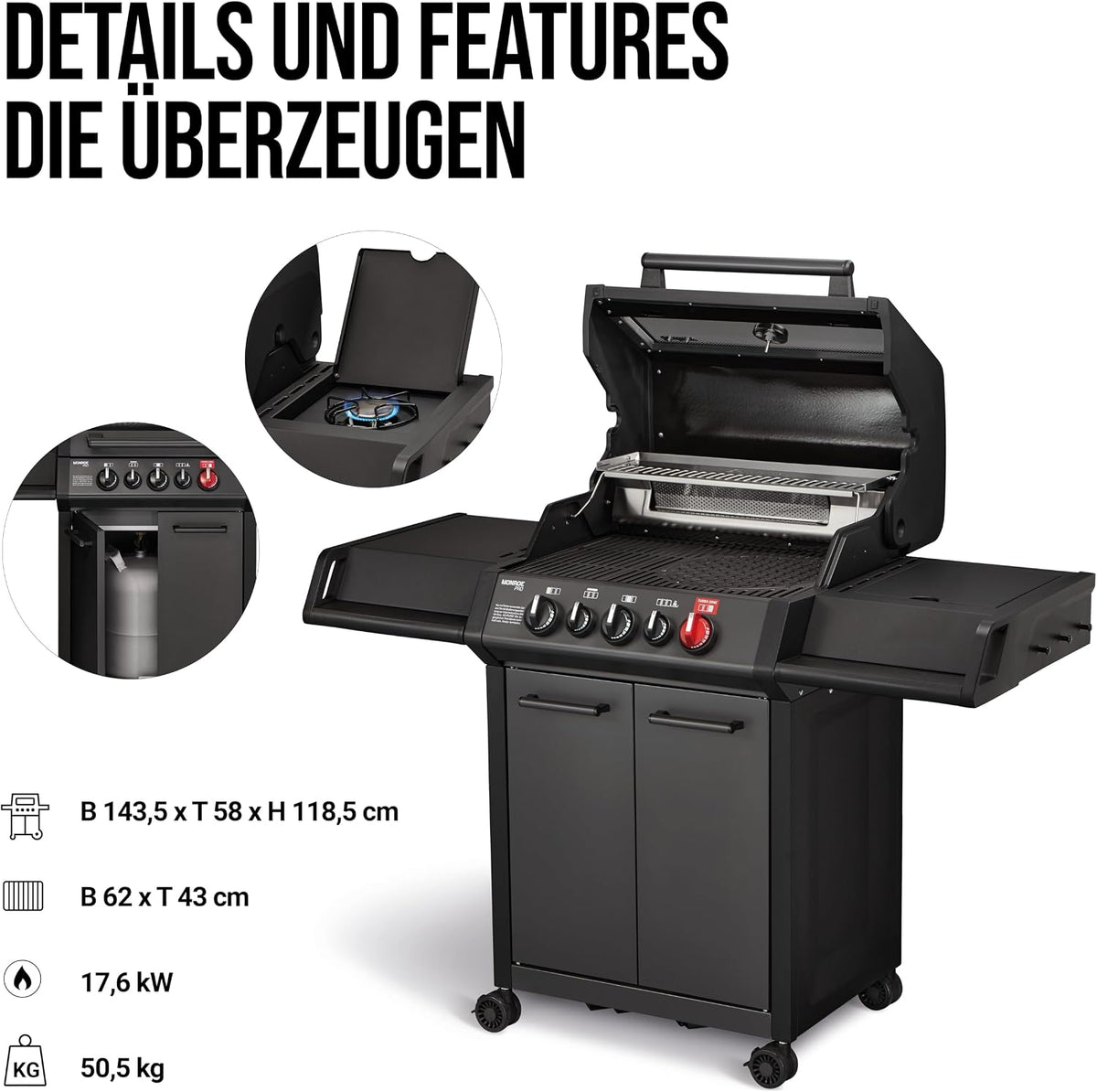 Enders® Gasgrill MONROE PRO 3 SIK TURBO SHADOW, 3-Edelstahlbrenner, Seitenkocher, Infrarot-Backburner, Sichtfenster, HEAT RANGE™, SWITCH GRID™, 800 °C TURBO ZONE™, SIMPLE CLEAN™, #8381