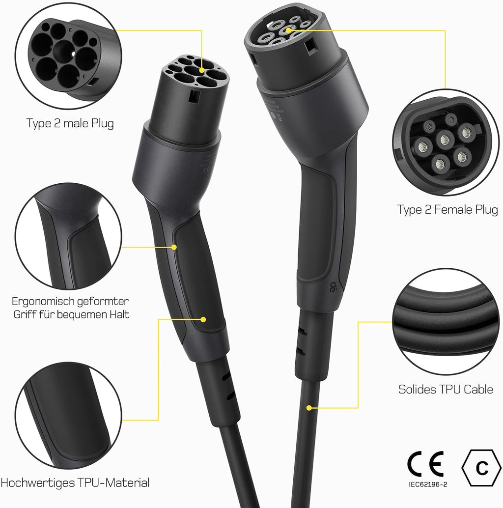 dé Typ 2 Ladekabel 22kW, Ladekabel Elektroauto Typ2 auf Typ 2[22kW, 3-Phasig, 32A] 7m mit Tragetasche, Kompatibel mit Model 3, e-UP, ID.3, Zoe, forTwo, Kona, e-Tron und andere EV/PHEV