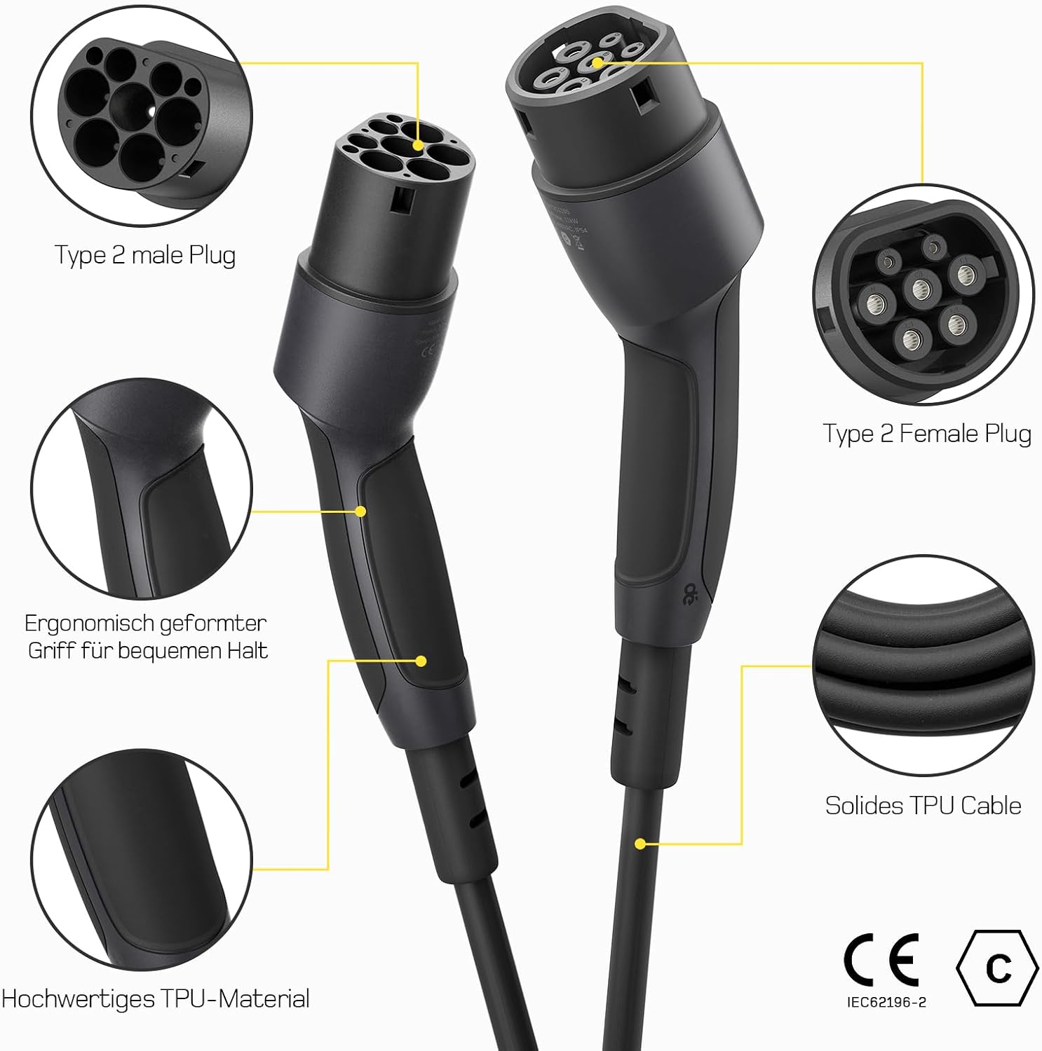 dé Typ 2 Ladekabel 22kW, Ladekabel Elektroauto Typ2 auf Typ 2[22kW, 3-Phasig, 32A] 7m mit Tragetasche, Kompatibel mit Model 3, e-UP, ID.3, Zoe, forTwo, Kona, e-Tron und andere EV/PHEV