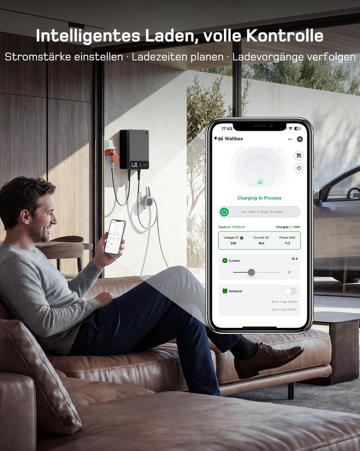 dé Wallbox 11kW mit APP RFID, 7,5m, §14a EnWG, EV Ladestation, Schwarz