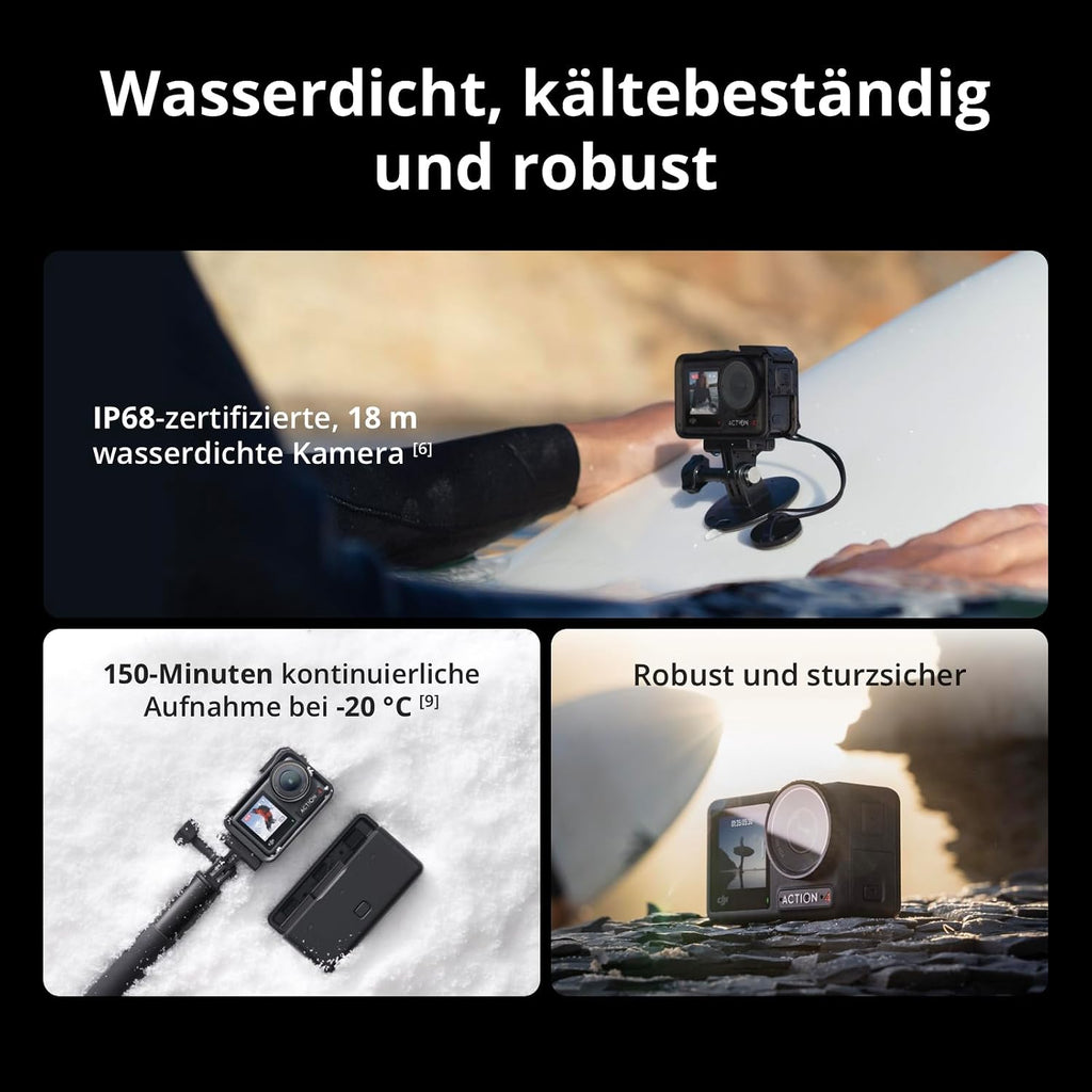 DJI Osmo Action 4 Standard Combo, 4K/120fps Action Camera | Waterproof, 1/1.3 inch sensor, low light recording, 10-bit and D-log M colour performance, durable 1770 mAh battery