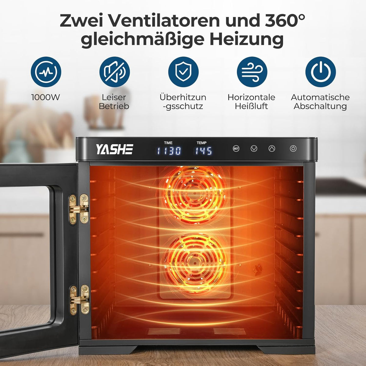Edelstahl Dörrautomat, 1000W Dörrgerät für Obst und Gemüse mit LED-Anzeige, präziser Temperaturregelung (35-75°C), 48-Stunden-Timer, 9 Edelstahlschalen, 2 Maschensiebe, 1 Schale für Obstrolleno