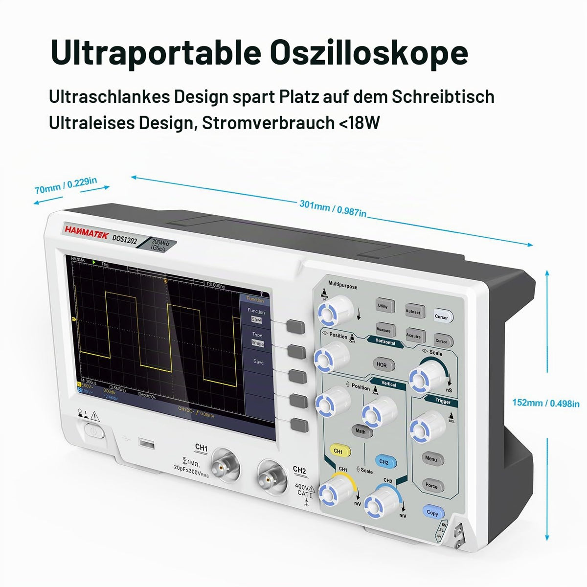 HANMATEK 200 MHz Bandwidth DOS1202 Digital Oscilloscope with 2 Channels and Screen 7 Inch / 18 cm, TFT LCD Display, Portable Professional Oscilloscope Kit with 1GS/s Sampling Rate