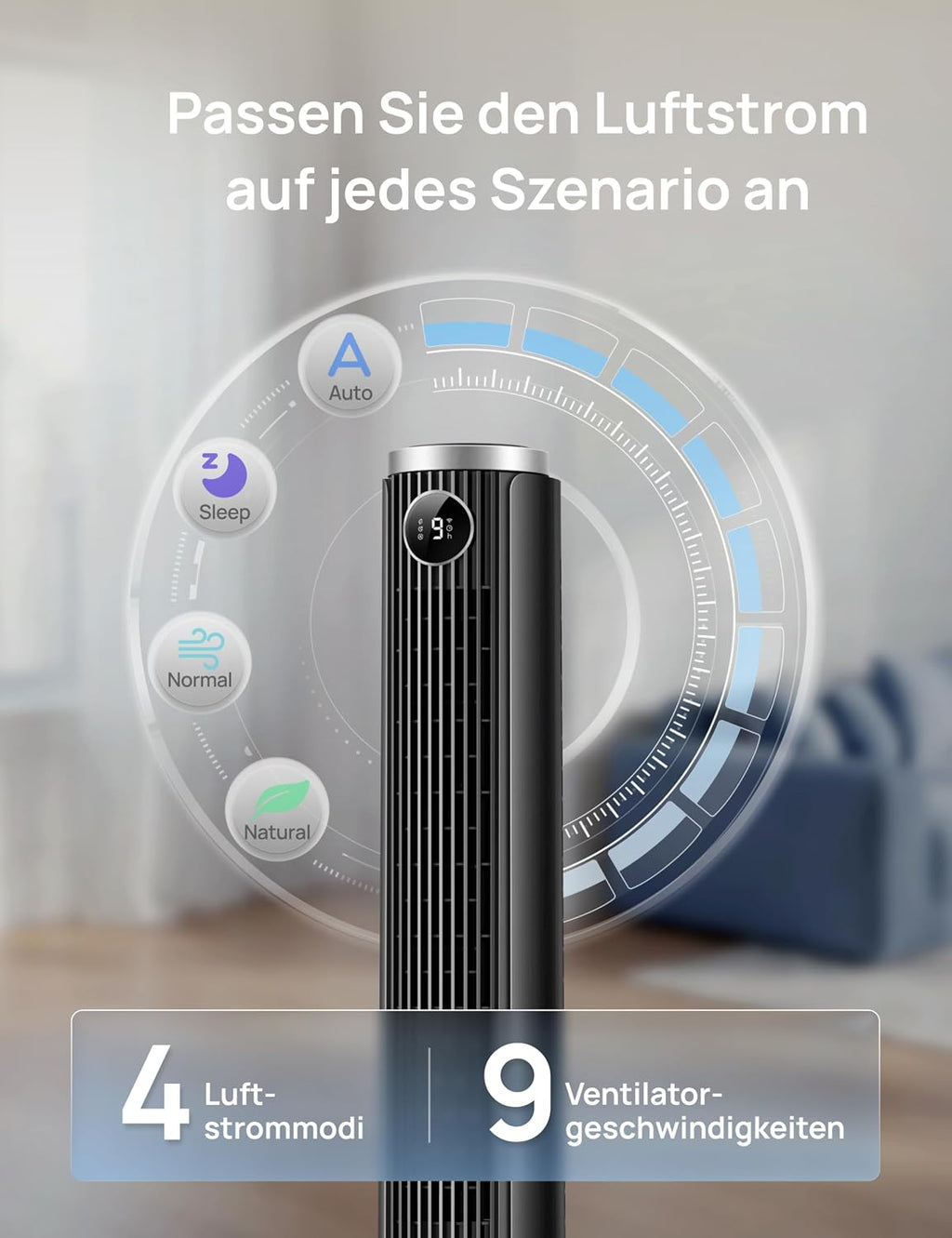 DREO Smart 102–114cm Turmventilator fürs Schlafzimmer, Höhenverstellbar, 8.4m/s, DC-Motor, 9 Stufen, 4 Modi, 90°-Oszillation, Standventilator, 20dB Leise, 12H Timer für Zuhause und Büro, Google/Alexa