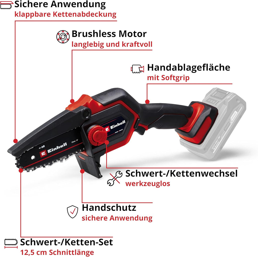 Einhell Akku-Astkettensäge GE-PS 18/15 Li BL Power X-Change (18 V, Brushless, 12,5 cm Schnittlänge, werkzeugloser Schwert- und Kettenwechsel, inkl. 2,5 Ah Akku und Ladegerät)