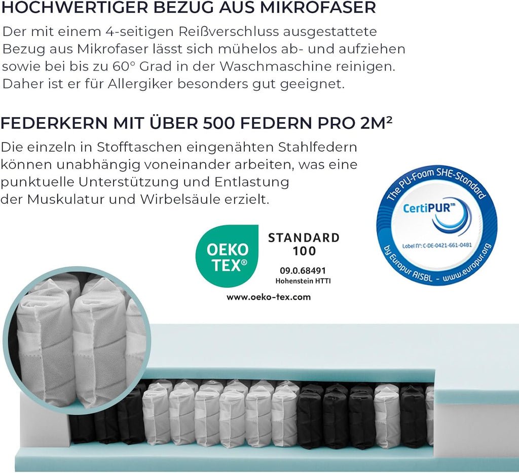 PURAMED Taschenfederkernmatratze 90x200 cm | Härtegrad H3 | Höhe 20 cm | ergonomische 7-Zonen Matratze | waschbarer Mikrofaser-Bezug | Oeko-TEX® & CertiPUR Zertifiziert | produziert in Deutschland