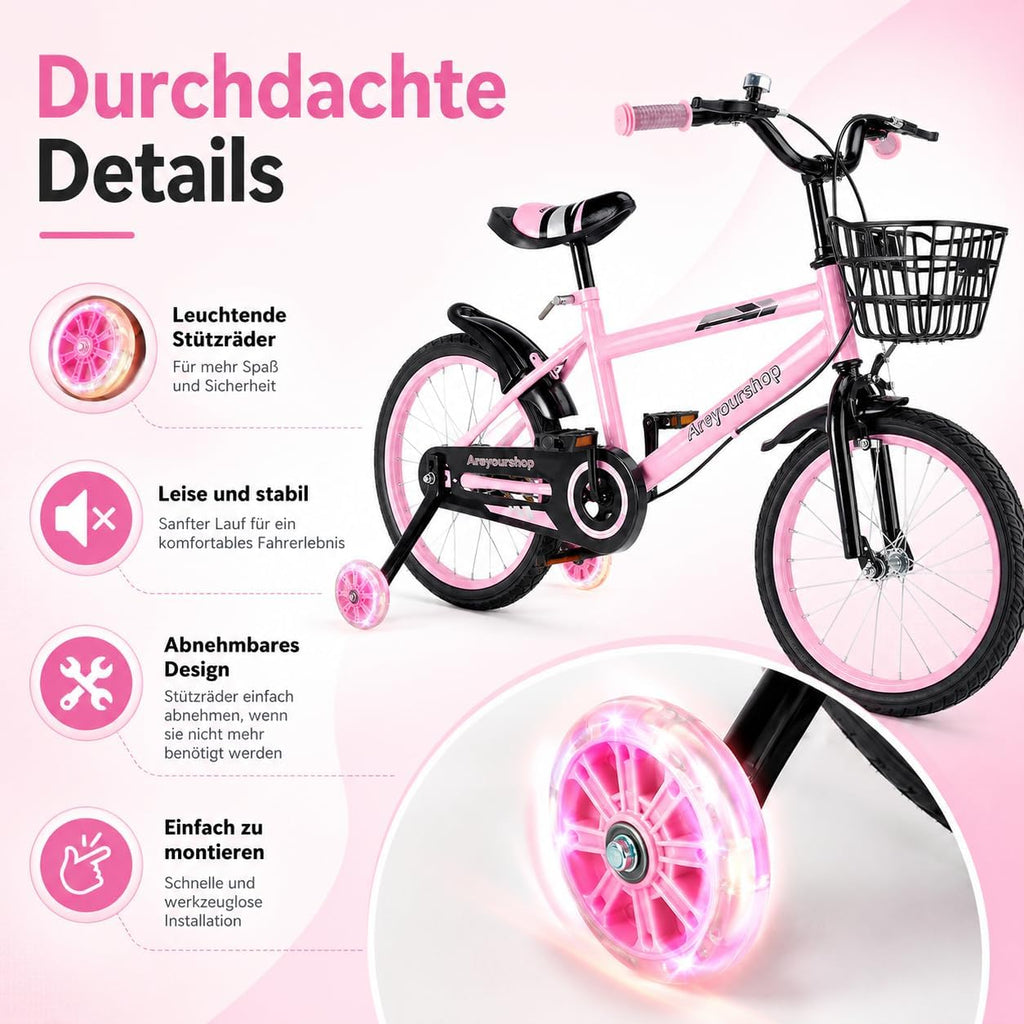 18 Zoll Kinderfahrrad, Verstellbarer Sitz & Lenker, Kohlenstoffstahlrahmen, Doppelbremsen, Stoßfeste Speichenräder, Magnetisches Blitzrad, Abnehmbare Stützräder