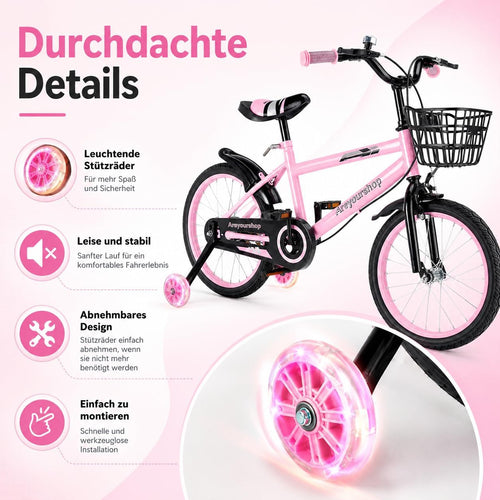 18 Zoll Kinderfahrrad, Verstellbarer Sitz & Lenker, Kohlenstoffstahlrahmen, Doppelbremsen, Stoßfeste Speichenräder, Magnetisches Blitzrad, Abnehmbare Stützräder