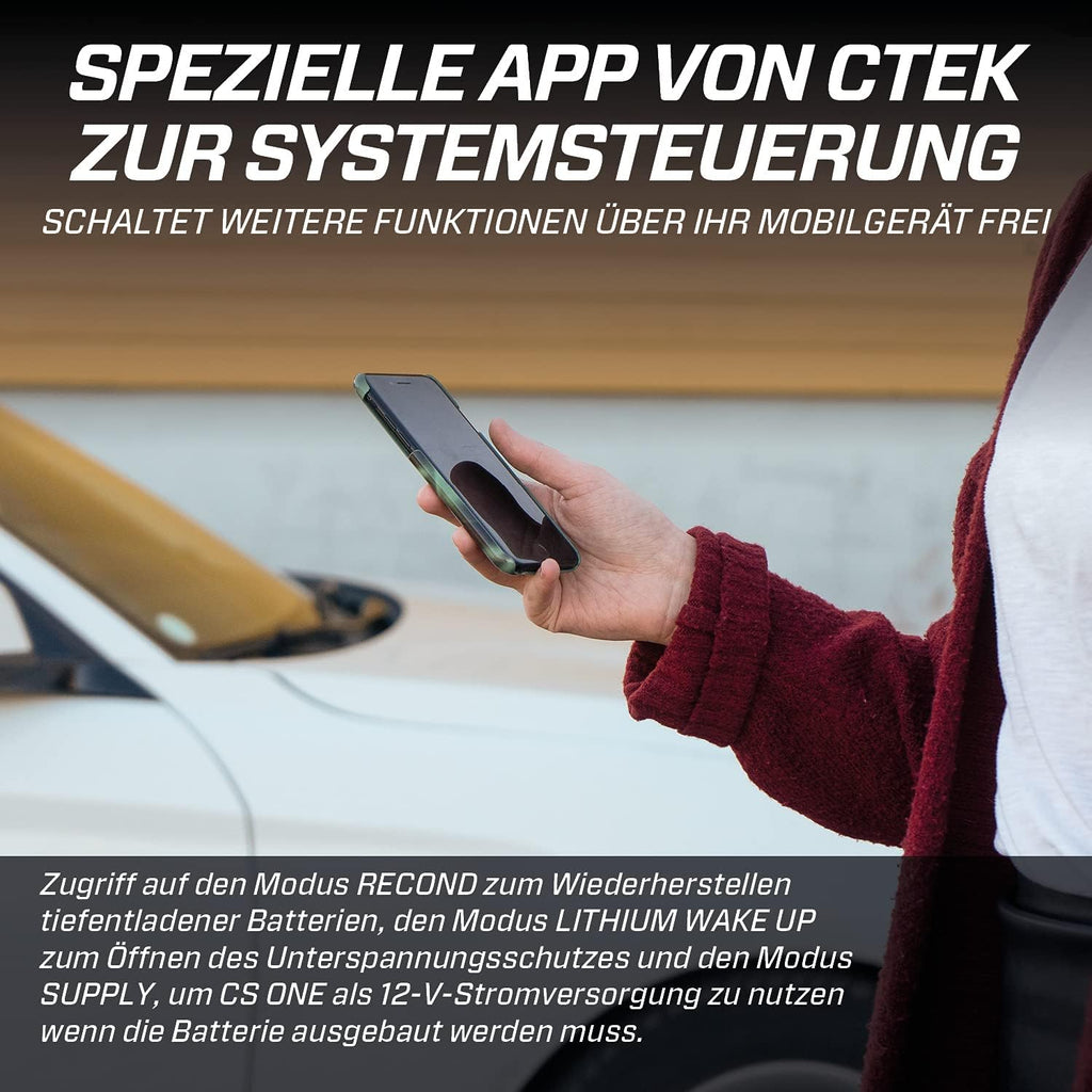 CTEK CS ONE, Batterieladegerät 12V, Intelligentes Ladegerät Motorrad, Ladegerät Auto, Erhaltungsladegerät Mit Adaptive Ladung, App, Rekonditionierungsmodus Und Polaritätsfreie Klemmen Schwarz