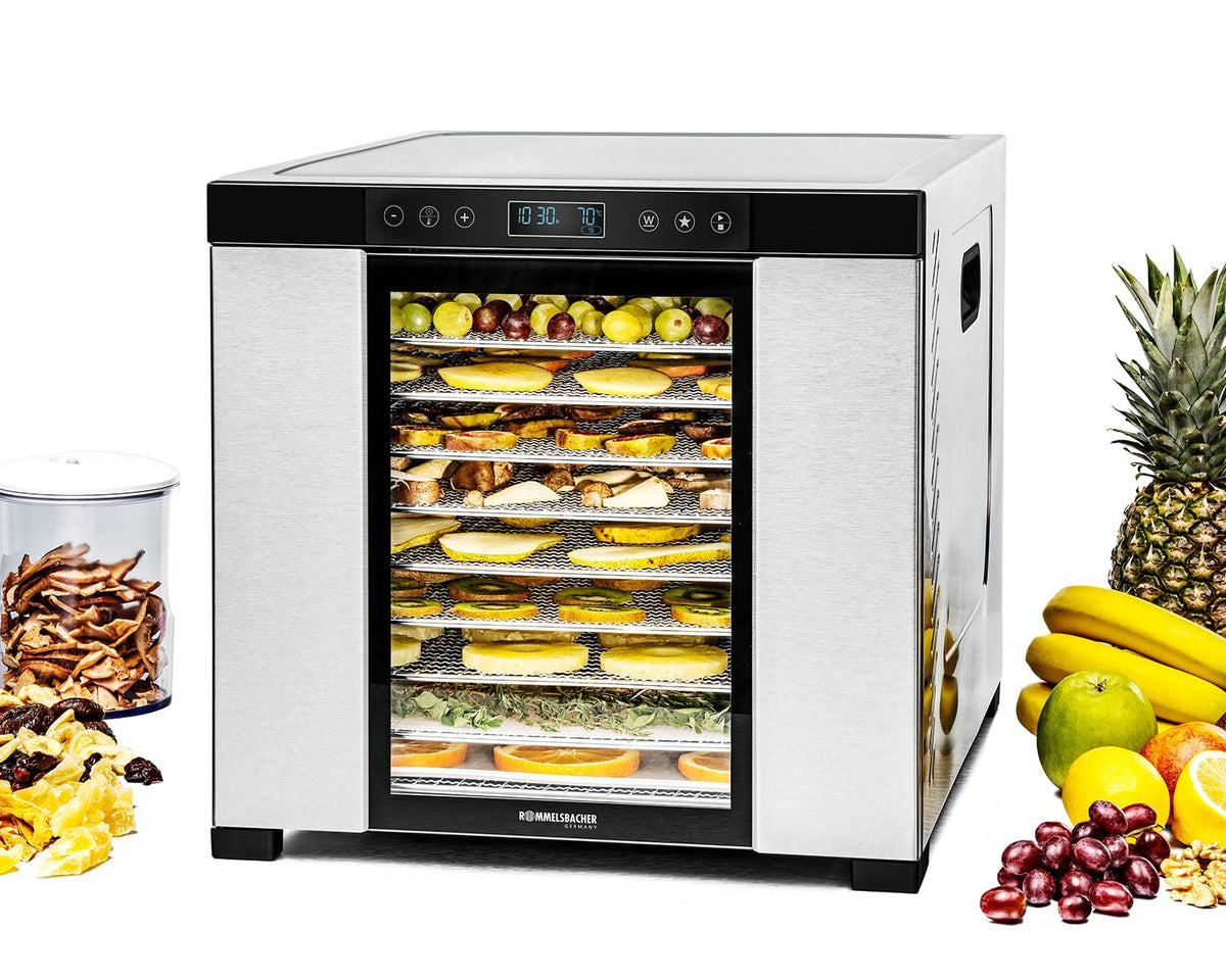 ROMMELSBACHER Dörrautomat DA 1000, XXL-Dörrfläche 1,6 m², inkl. 10 Edelstahl-Dörrtabletts, 2 Dörrgitter, 2 Dörrmatten, LED-Display, 24 Std. Zeitschaltuhr, Temperatur einstellbar (35 °C – 75 °C)o