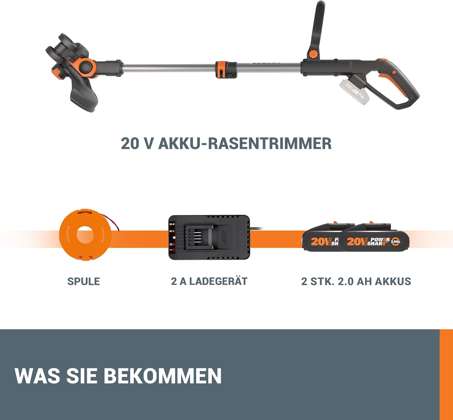 WORX WG163E Akku Rasentrimmer 20V, inkl. 2x2Ah Akkus & Ladegerät