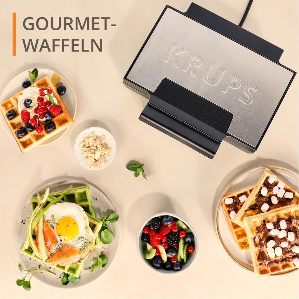 Krups FDK Iconic Waffeleisen, 850 W, keramikbeschichtete Antihaft-Platten, ikonisches Design, vertikale Aufbewahrung, benutzerfreundlich, Schwarz/Edelstahl, FDK261