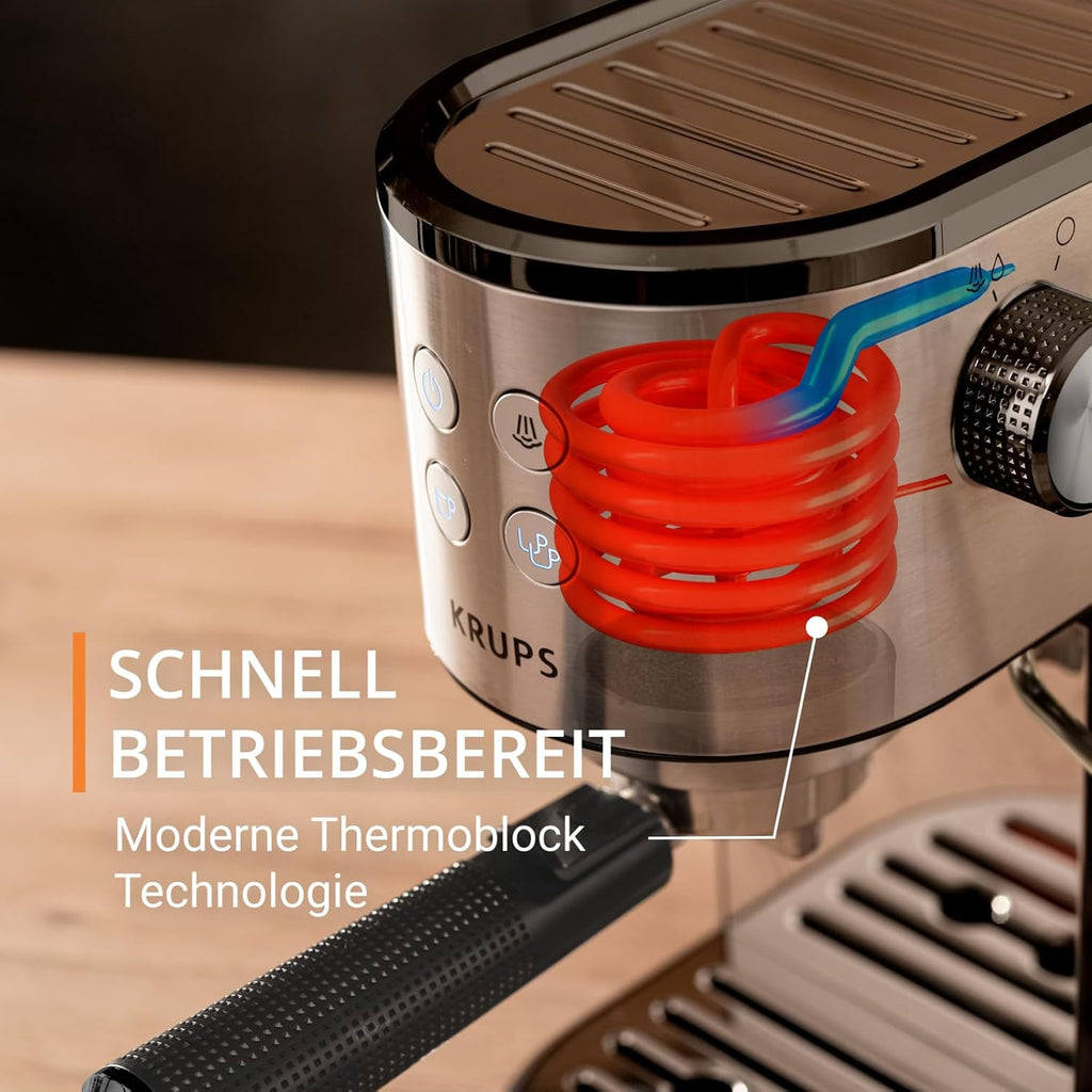 Krups Virtuoso Essential Espresso-Siebträgermaschine, 15 bar, Edelstahl-Applikationen, schlankes Design, Bedienfeld mit 4 Funktionen, inkl. Barista-Zubehör, Edelstahl, XP441810