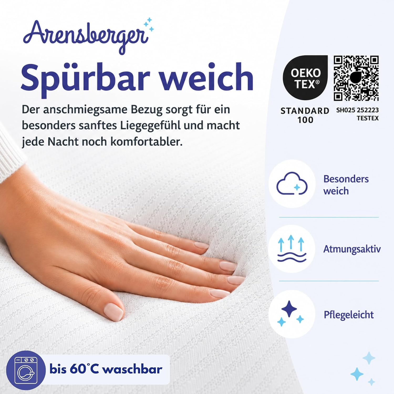 Arensberger Matratze SARA 140x200cm Höhe 16cm | NANOCELL® Gel-Schaum | Mittelfest H3 | Premium-Bezug 240g/m² | 60°C waschbar | Kaltschaum-Matratze 140x200 | Öko-Tex Zertifiziert
