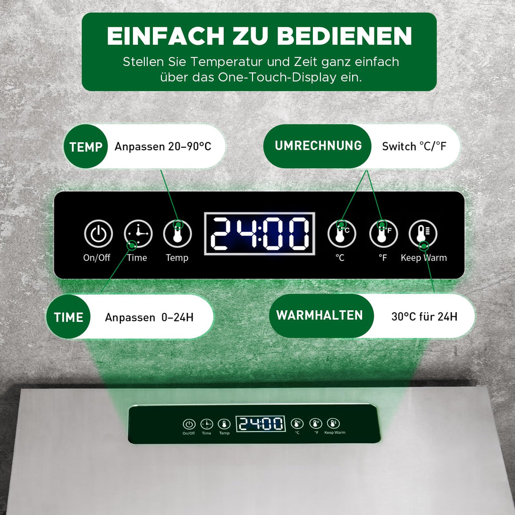 Kwasyo Dörrautomat Edelstahl DA 1000, XXL-Dörrfläche 1,8 m², Dörrgerät Temperatur einstellbar 30-90℃, LED-Display, 24 Std, BPA-frei, mit Rezeptheft, 10 Edelstahl-Dörrtablettso