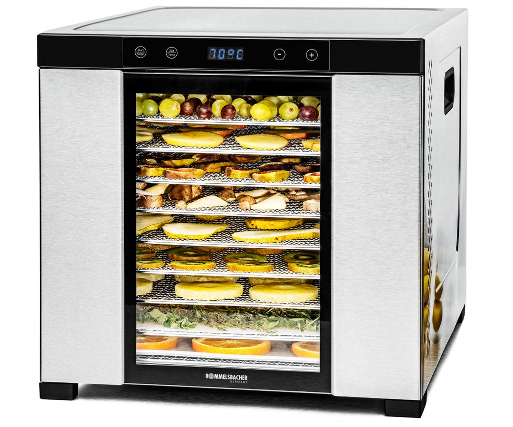 ROMMELSBACHER Dörrautomat DA 1000, XXL-Dörrfläche 1,6 m², inkl. 10 Edelstahl-Dörrtabletts, 2 Dörrgitter, 2 Dörrmatten, LED-Display, 24 Std. Zeitschaltuhr, Temperatur einstellbar (35 °C – 75 °C)o