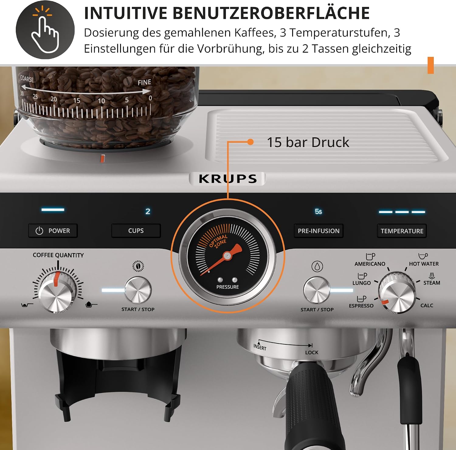 Krups Precision manuelle Siebträgermaschine mit Mahlwerk, Barista Kaffeemaschine mit intuitiver Bedienfläche, Pre-Infusion-Einstellungen, Espressomaschine mit Dampfdüse, schnelles Aufheizen, XP801T10