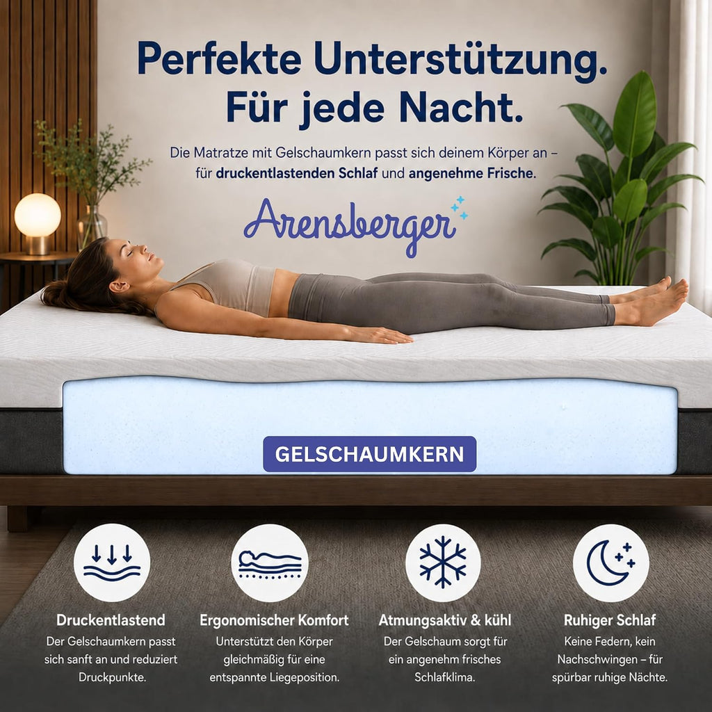 Arensberger Matratze SARA 140x200cm Höhe 16cm | NANOCELL® Gel-Schaum | Mittelfest H3 | Premium-Bezug 240g/m² | 60°C waschbar | Kaltschaum-Matratze 140x200 | Öko-Tex Zertifiziert