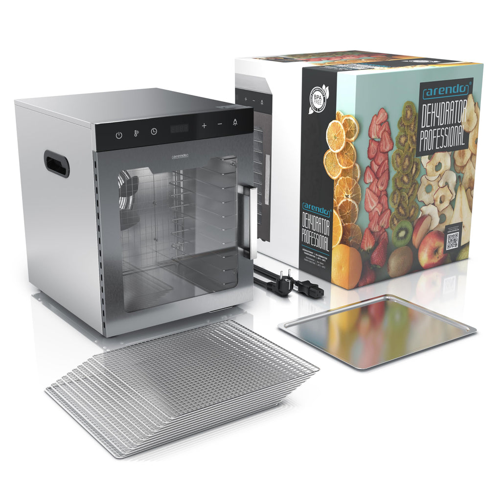 Arendo - Stainless steel dehydrator 8-fold - 500 watts with temperature control - dehydrator for food meat fruits fruit mushrooms - timer up to 24 hours - 8 compartments - GS - dehydratoro